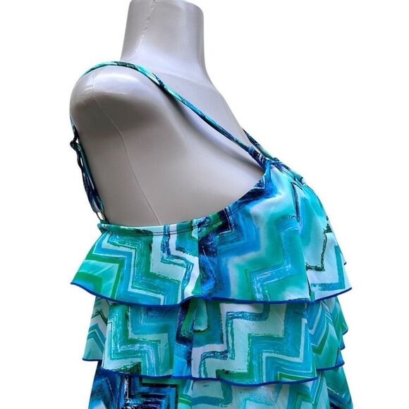 CEEB Swim Tankini Top Womens Size 12 Bathing Suit Top Blue Green Layered Ruffle - Picture 4 of 13